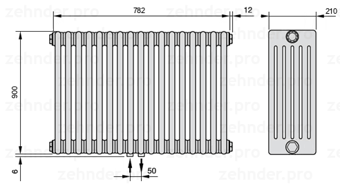 Схема (чертеж) Радиатор Zehnder Charleston 6090/17 №3470 Белый глянцевый RAL 9016
